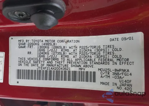 2002 Toyota Highlander V6 from USA, damaged, VIN JTEHF21AX20043621